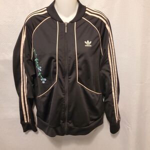 Adidas Originals Womens L Black Embroidered Flowers Track Jacket Mock Neck Vtg